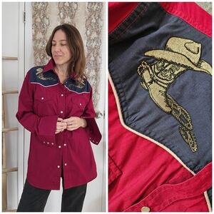 Vtg Men's Women's Unisex Red Western Cowboy Pearl Snap Button Shirt High Noon M
